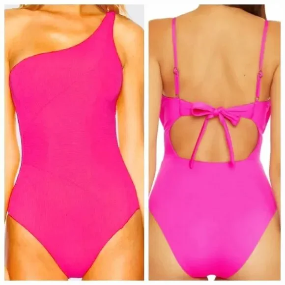 🆕️2023 BECCA BY REBECCA VIRTUE Pink Ribbed Asymmetrical One Piece Swimsuit M - Picture 4 of 14